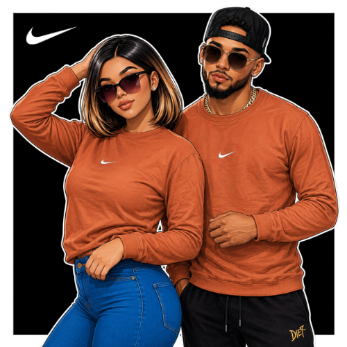 Two people wearing orange Nike sweatshirts with a black background