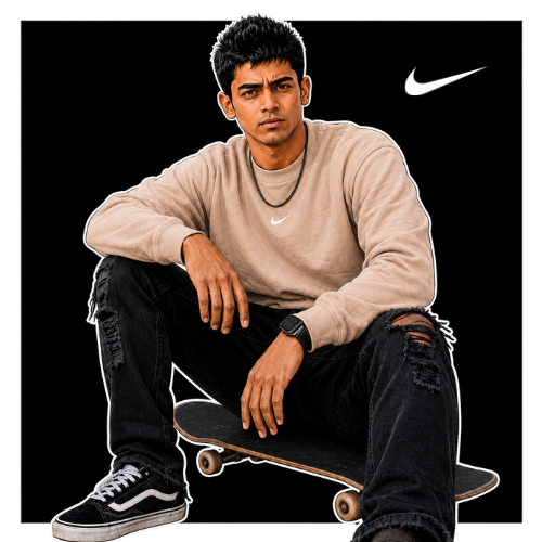 Man sitting on a skateboard wearing a beige sweatshirt with a Nike logo.