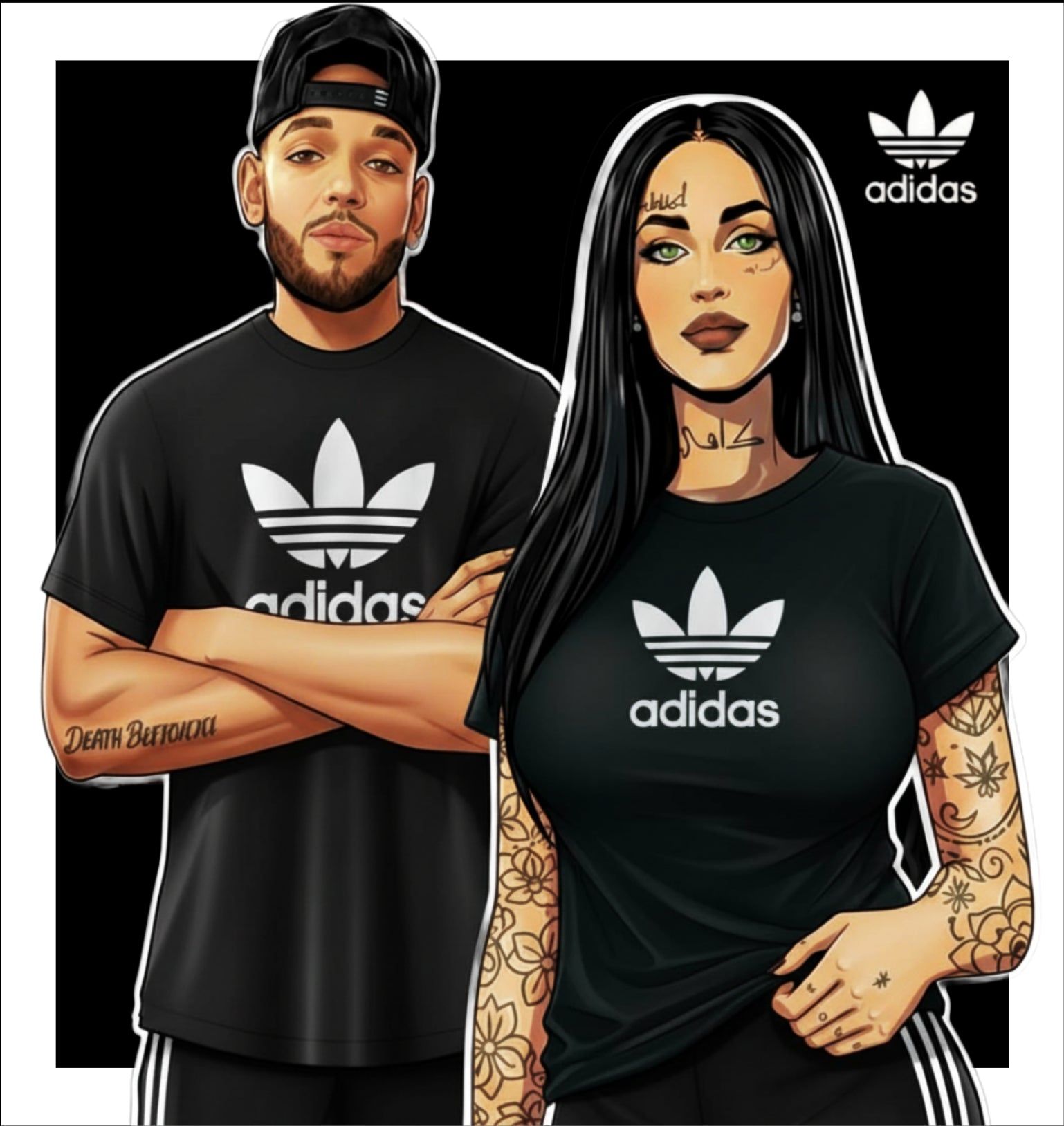 Two people wearing black Adidas t-shirts with the brand logo on a black background.