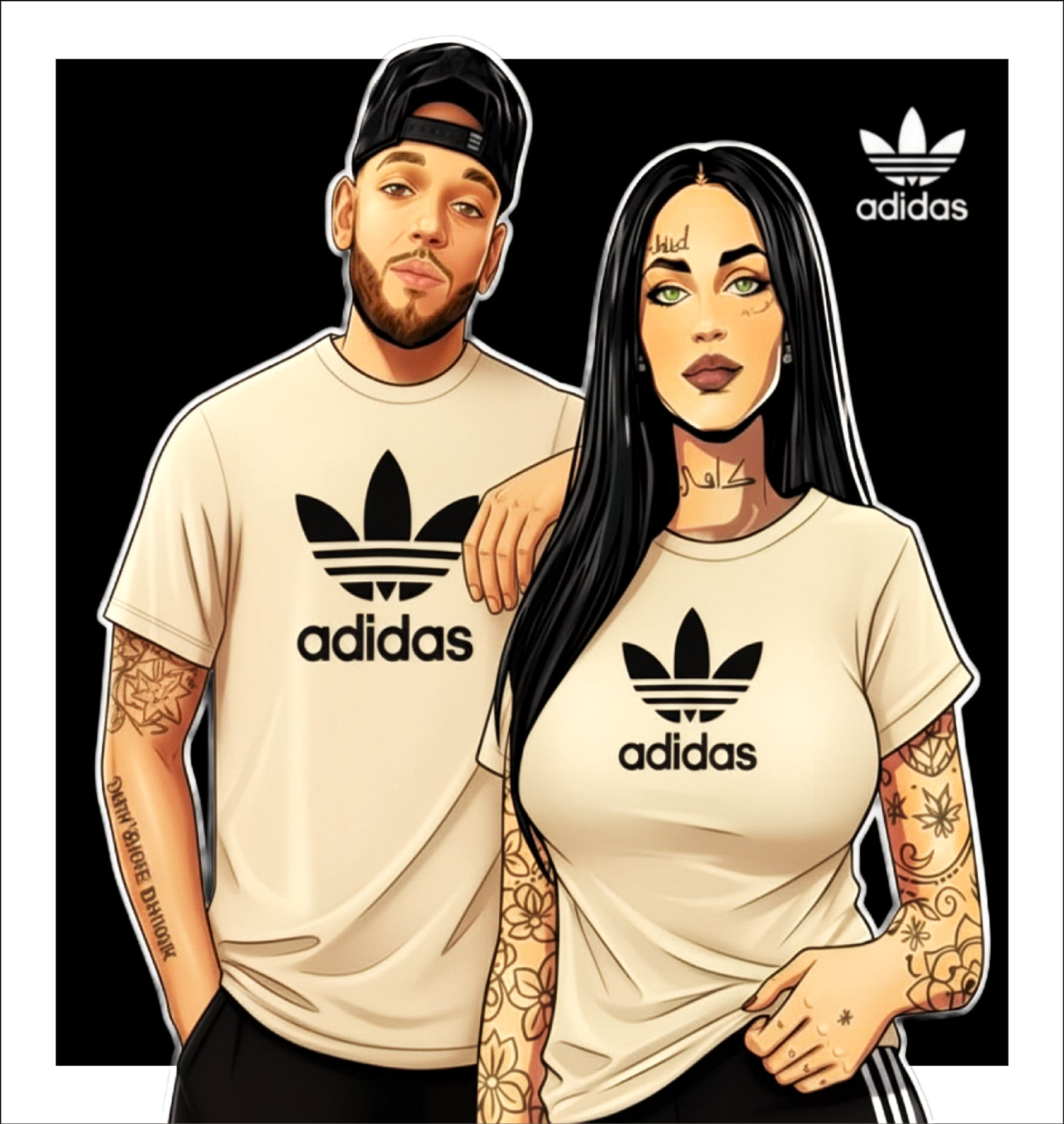 Illustration of a man and woman wearing Adidas t-shirts with the brand logo.