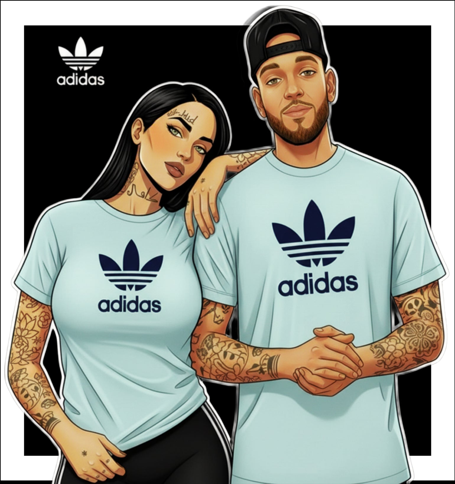 Illustration of a couple wearing light blue Adidas t-shirts with the brand logo.