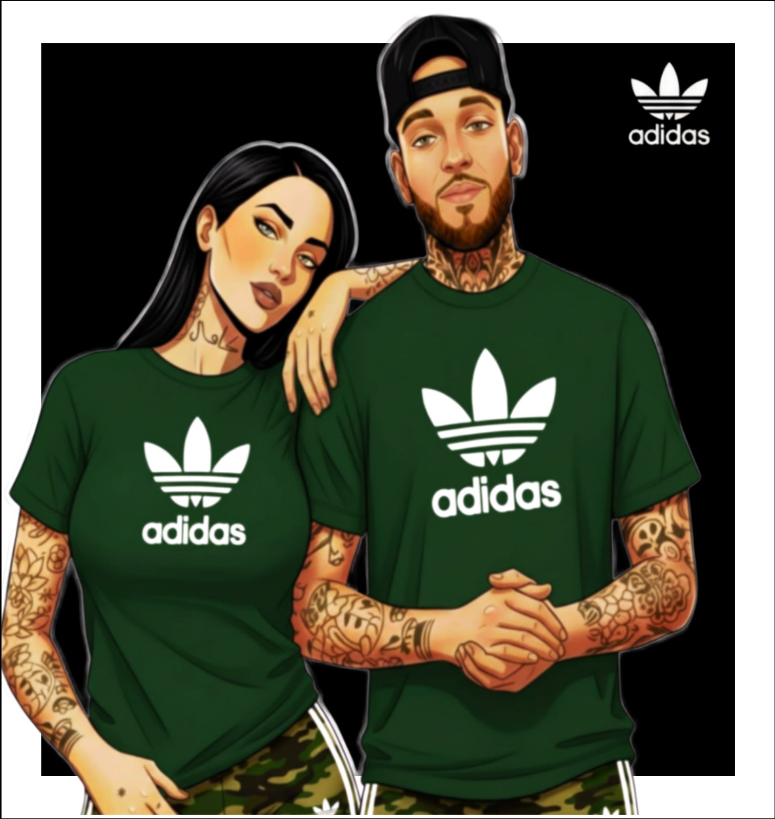 Illustration of two people wearing green Adidas t-shirts with the brand logo.