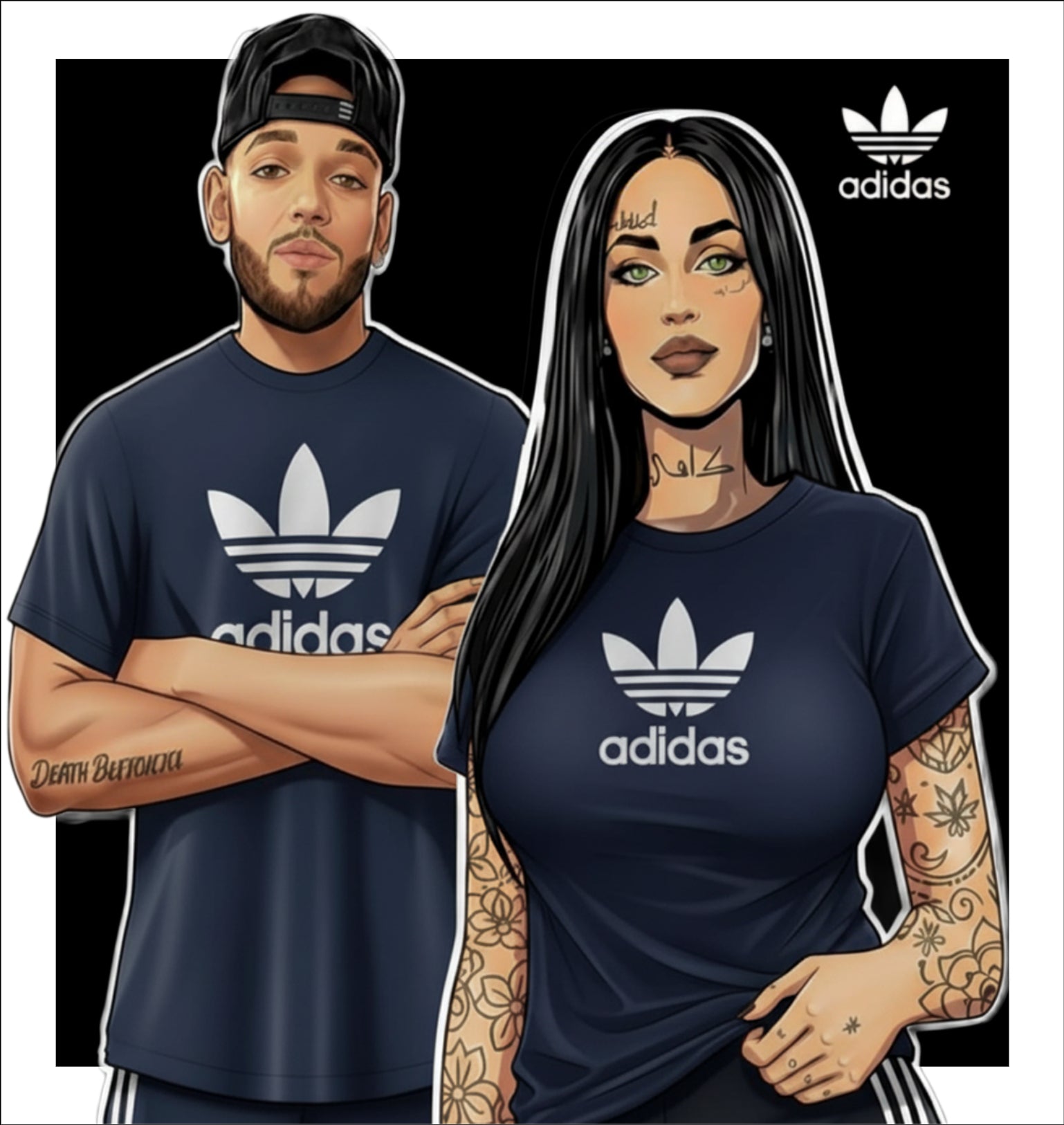 Cartoon of a man and woman wearing Adidas t-shirts with the brand logo.