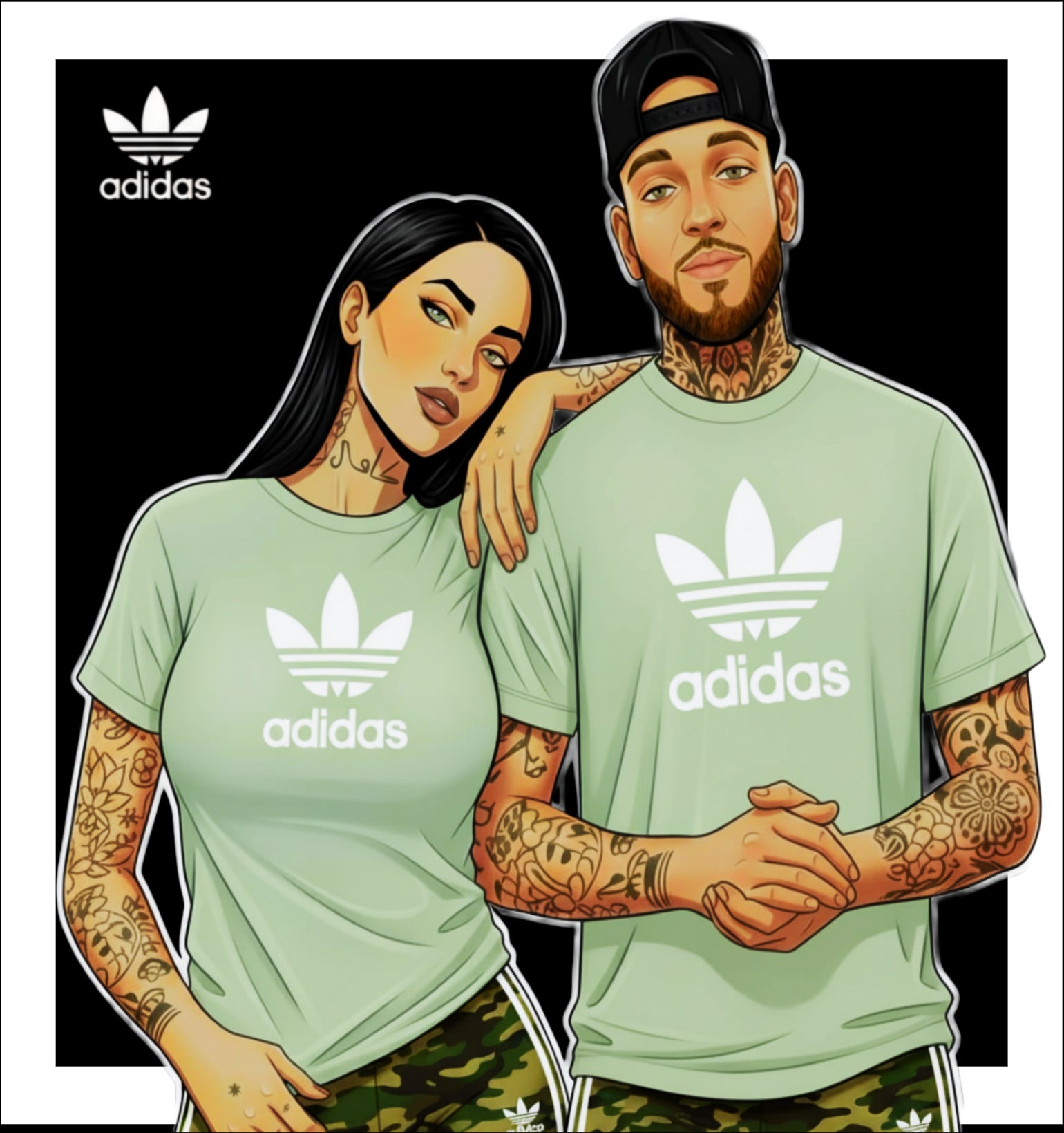 Illustration of a couple wearing Adidas t-shirts with the brand logo.