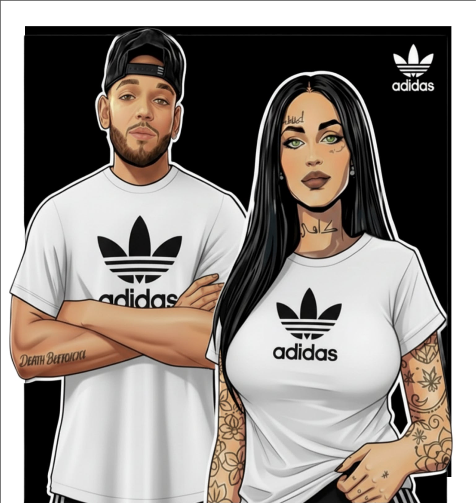 Cartoon illustration of a man and woman wearing Adidas t-shirts with the brand logo.