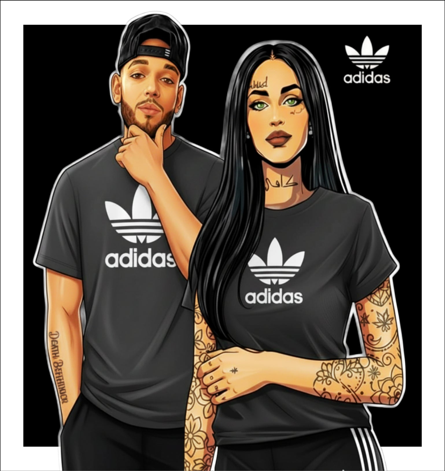 Illustration of a man and woman wearing Adidas t-shirts with the brand logo.