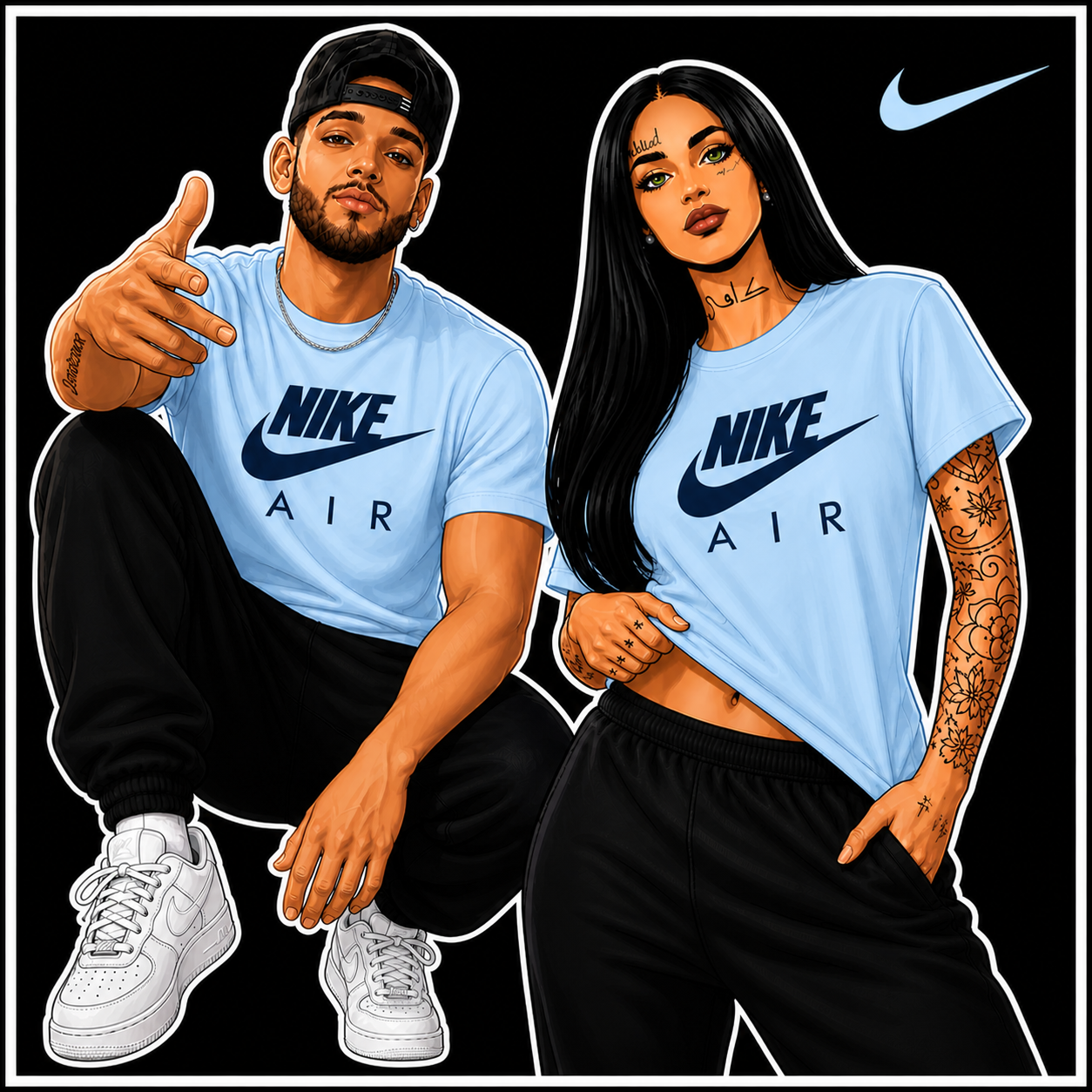 Two people wearing Nike 'Air' t-shirts with a black background and Nike logo.