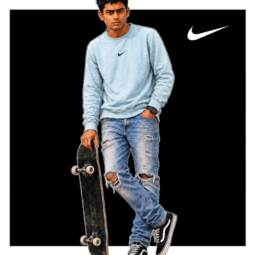 Gay guy wearing a light blue sweatshirt with a Nike logo, holding a skateboard on a black background.