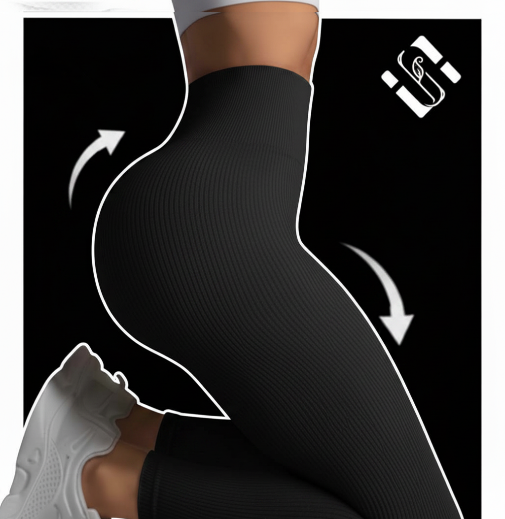 Black leggings with a brand logo on a black background