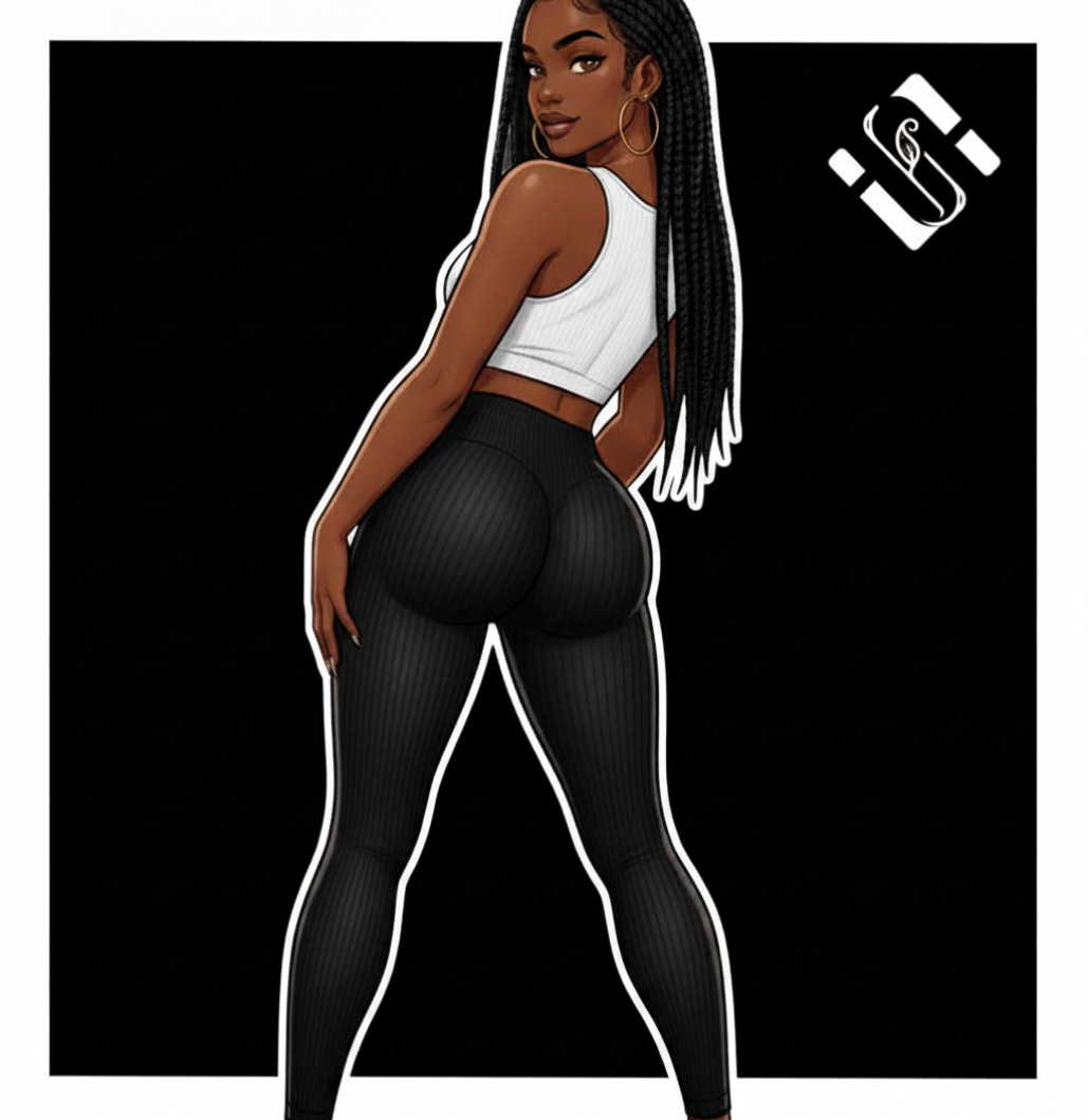 Illustration of a woman wearing black leggings and a white top on a black background with a logo.