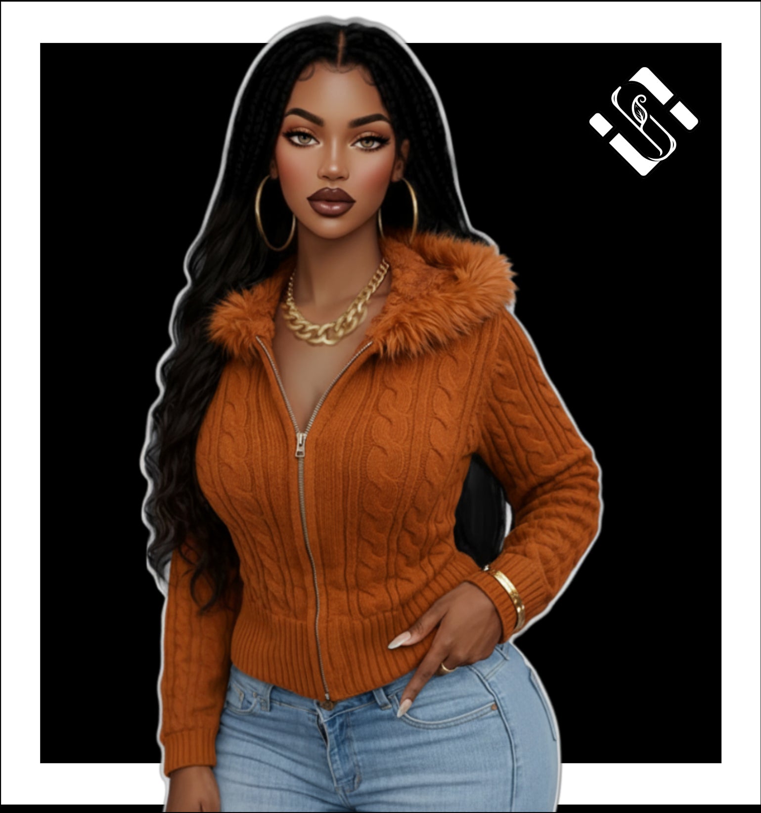 Woman wearing an orange sweater with a fur collar and blue jeans on a black background