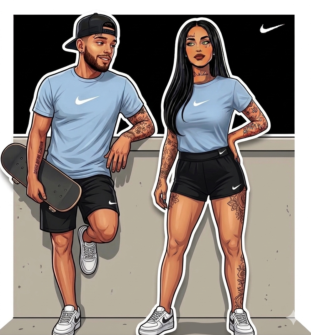 Illustration of a man and woman wearing Nike clothing with a skateboard.