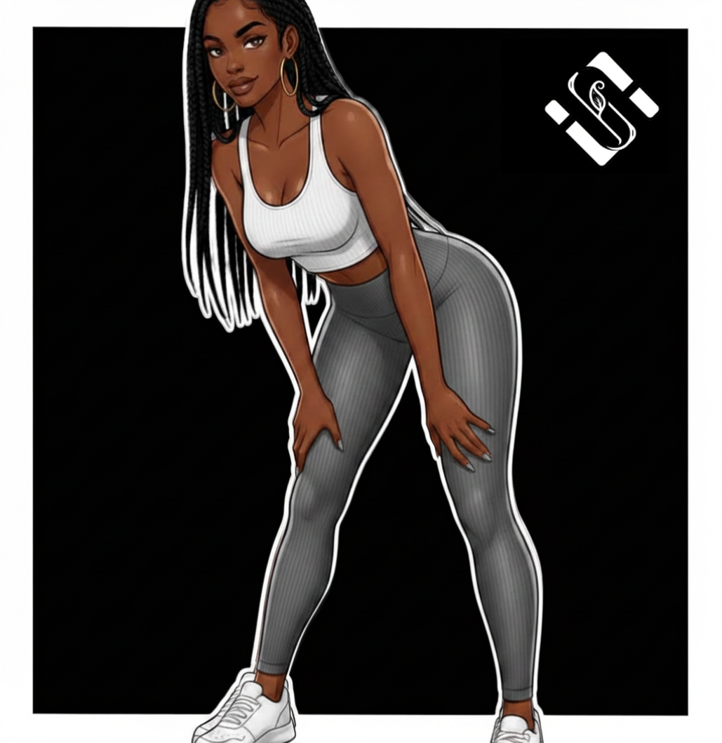 Illustration of a woman in athletic wear with a brand logo in the corner.