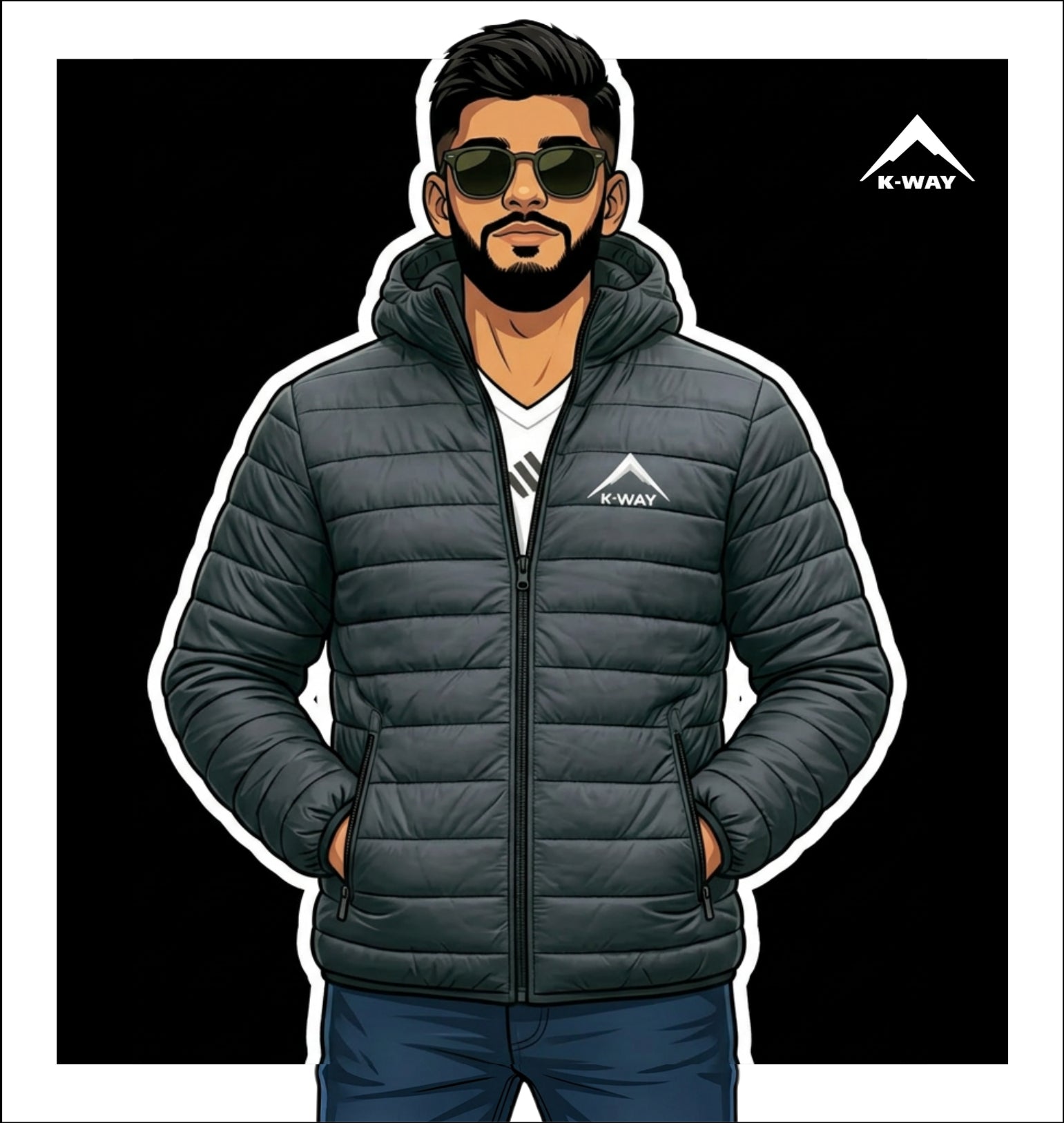 Man wearing a K-Way jacket with sunglasses on a black background