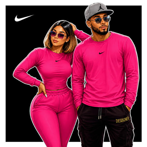 Two people wearing matching pink outfits with Nike logos on a black background.