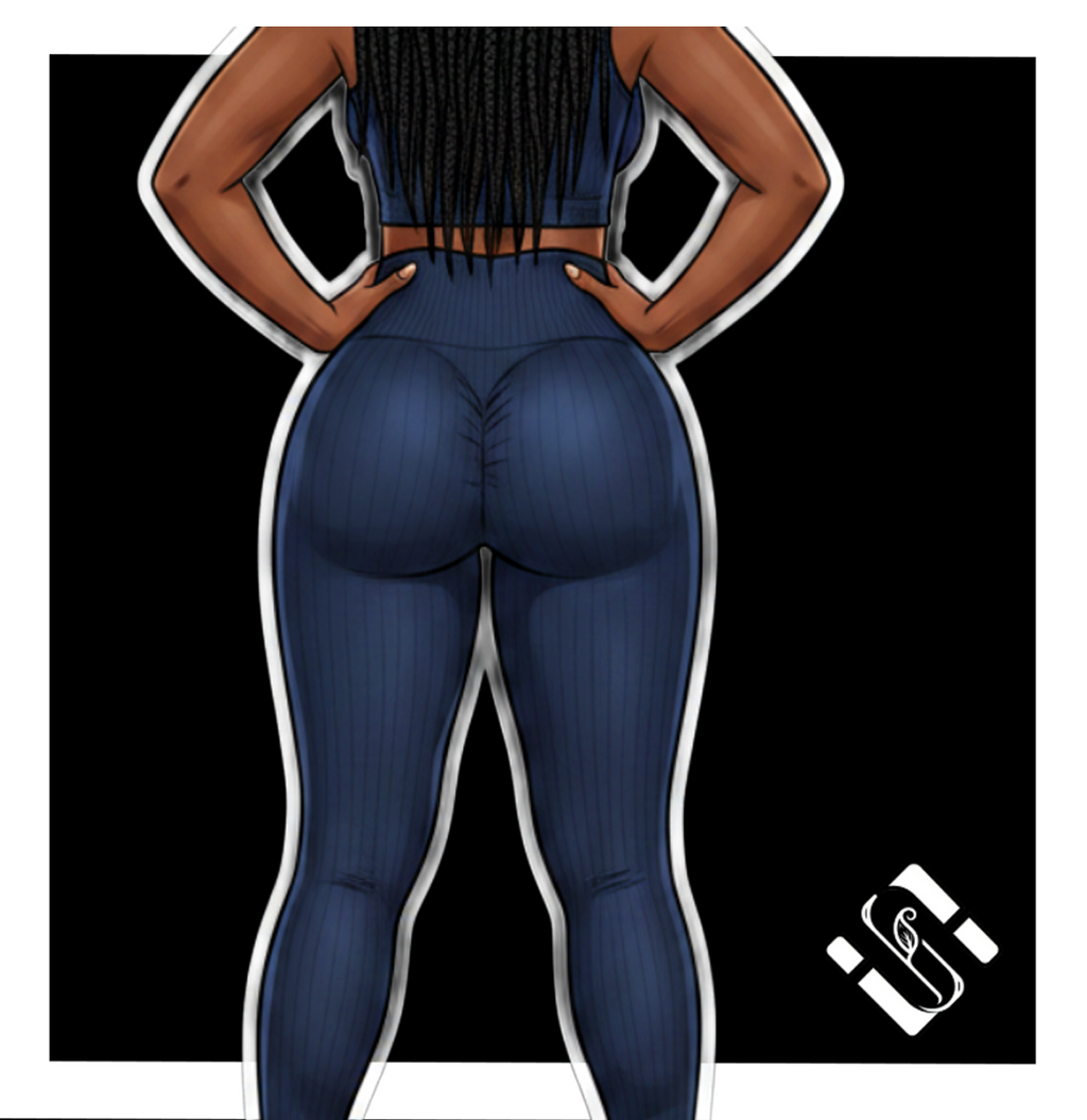 Illustration of a person wearing blue leggings with a black background