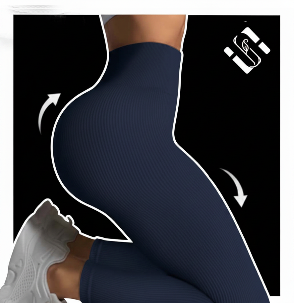 Navy leggings worn by a person with a white logo on a black background