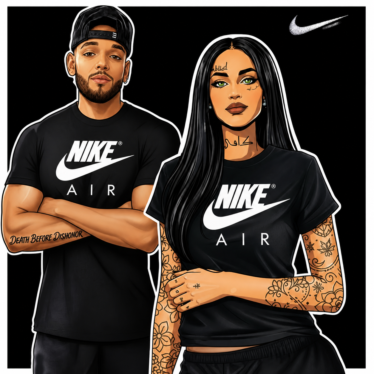 Illustration of a man and woman wearing black Nike t-shirts with a black background.