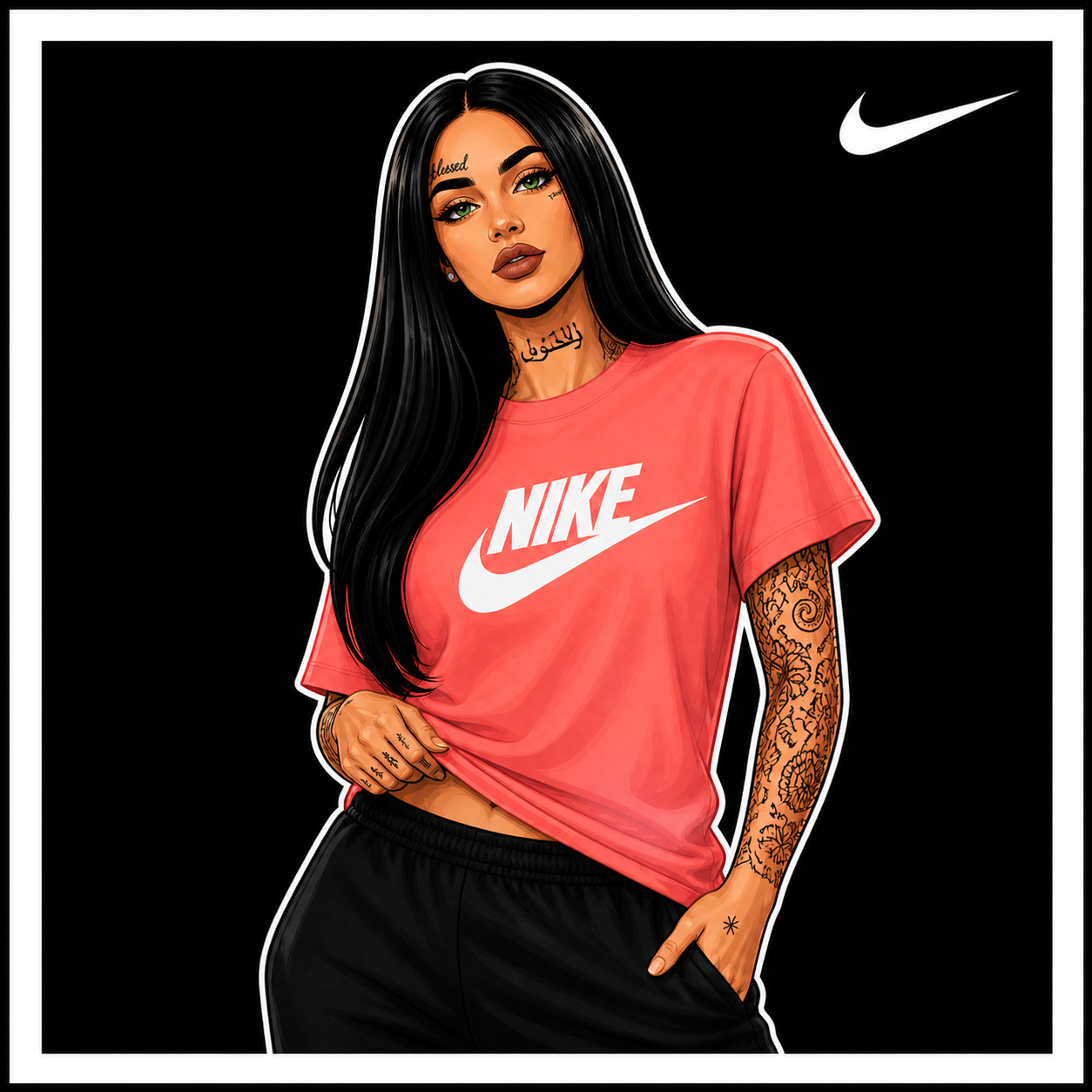 Illustration of a person wearing a pink Nike t-shirt on a black background with Nike logo.