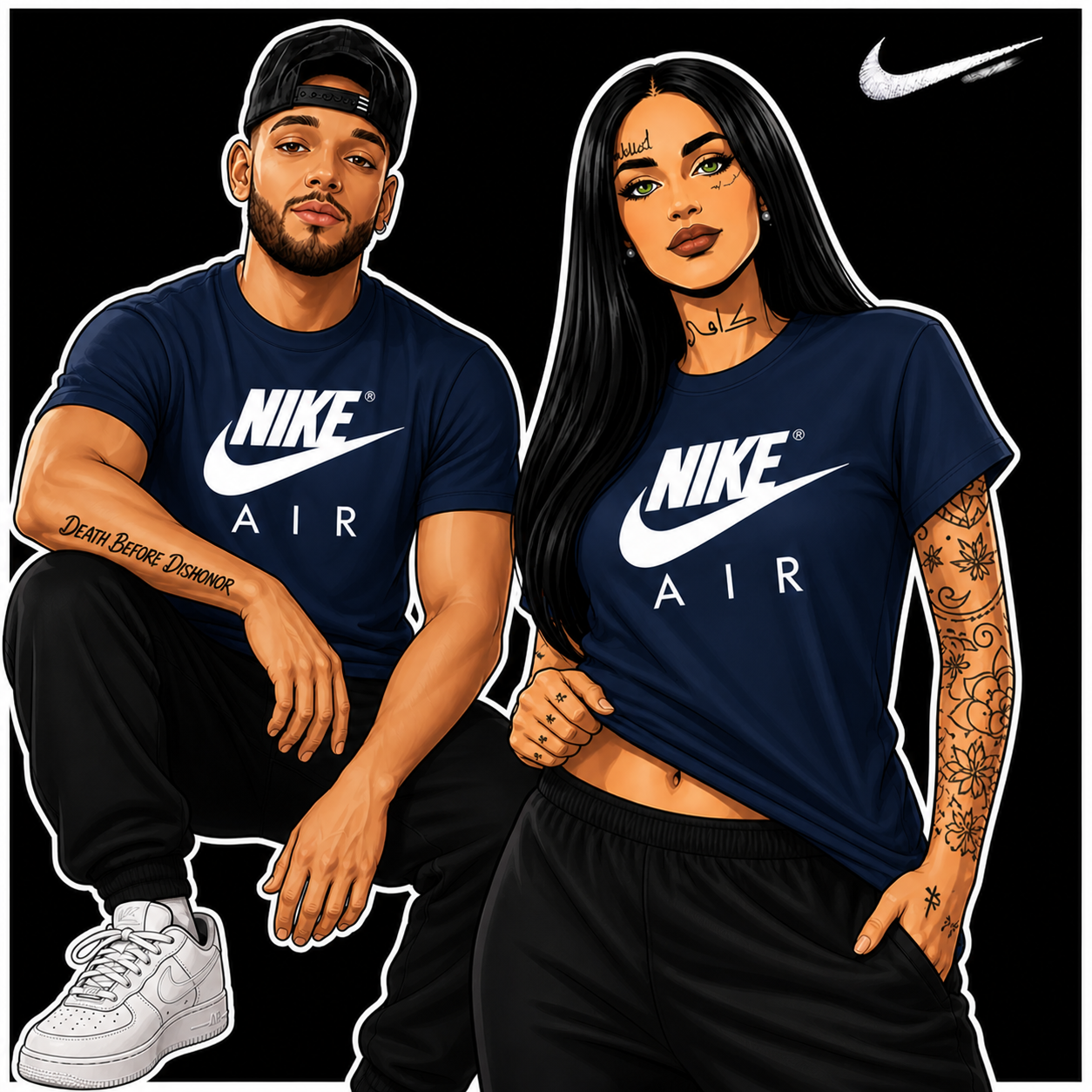 Two people wearing Nike 'Air' t-shirts with a black background Navy Blue