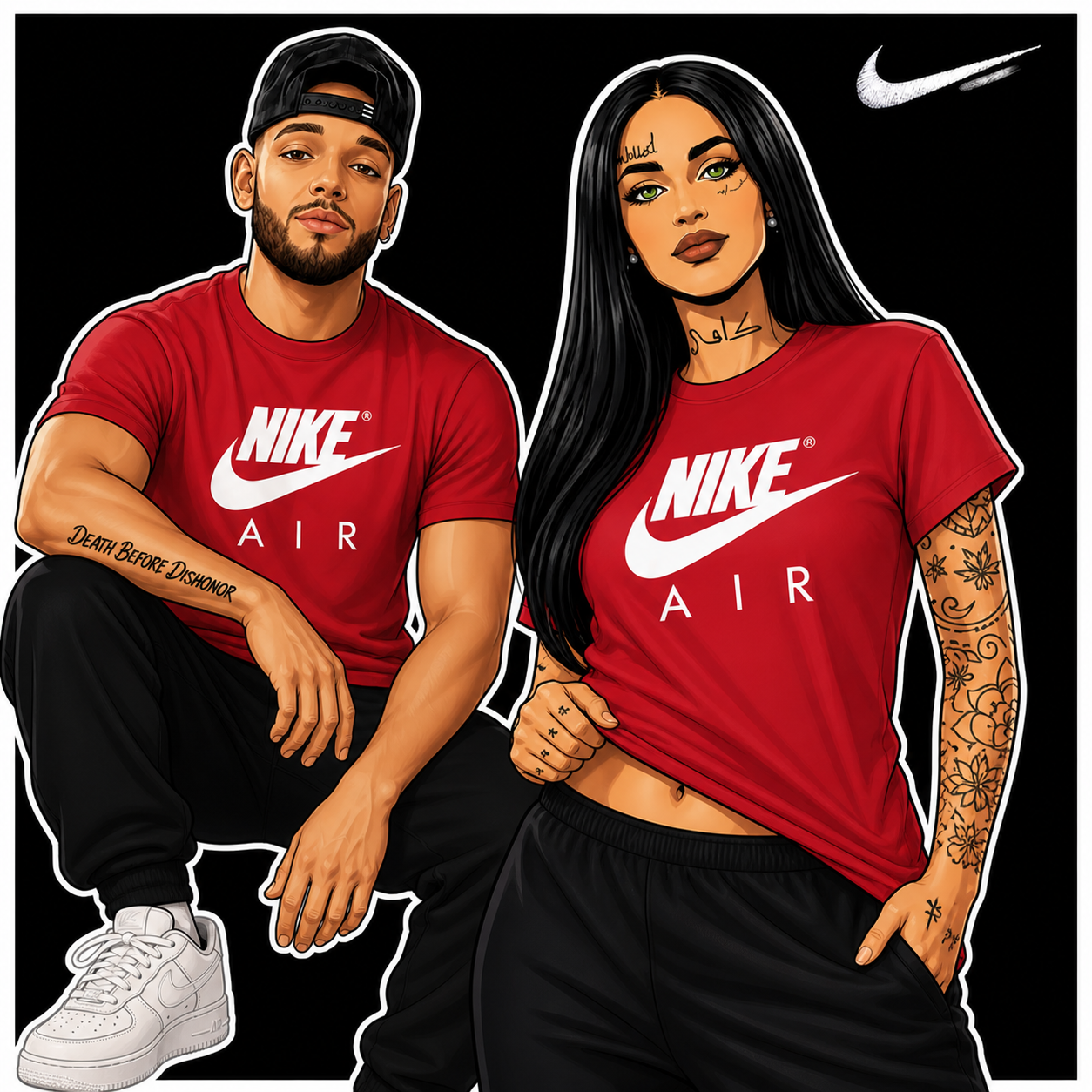 Two people wearing red Nike t-shirts with a black background