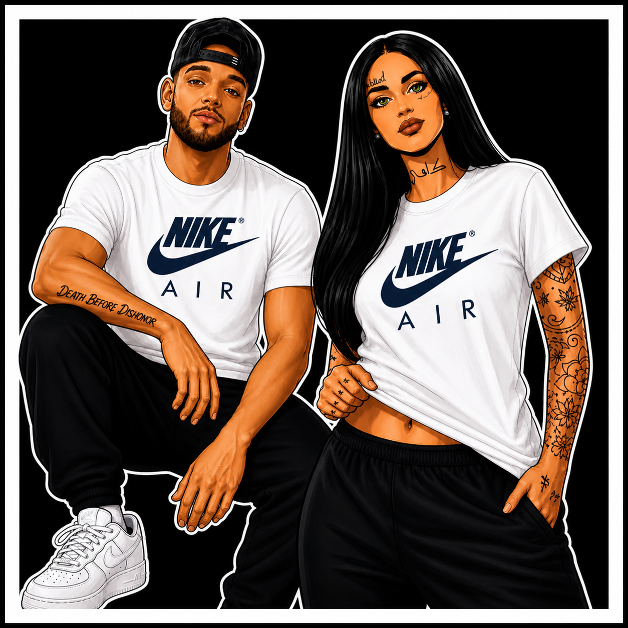 Two people wearing Nike 'Air' t-shirts on a black background