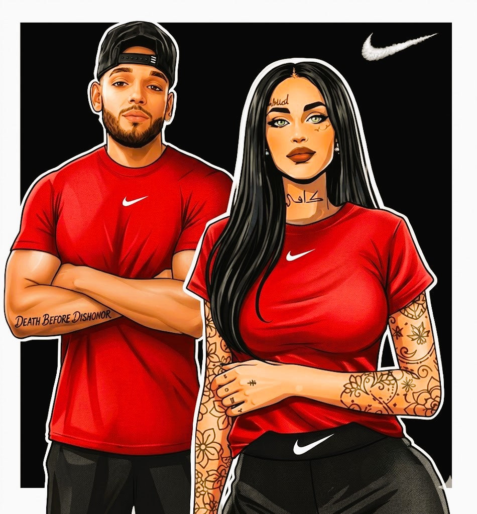 Illustration of a man and woman wearing red Nike shirts with a black background.
