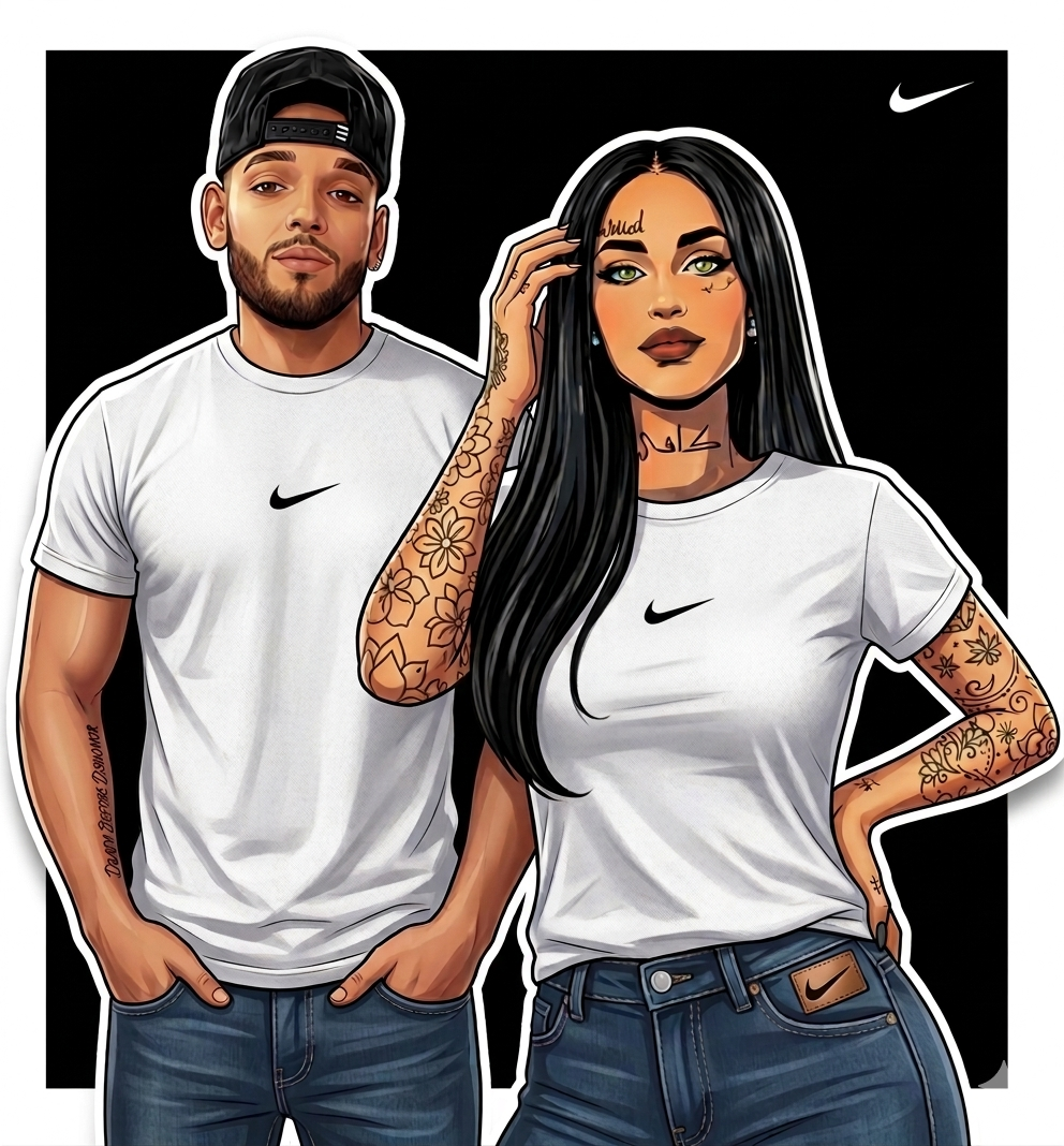 Illustration of a man and woman wearing white Nike t-shirts with black Nike logos.