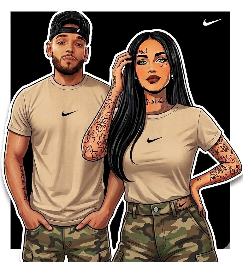 Illustration of a man and woman wearing Nike t-shirts and camouflage pants on a black background.