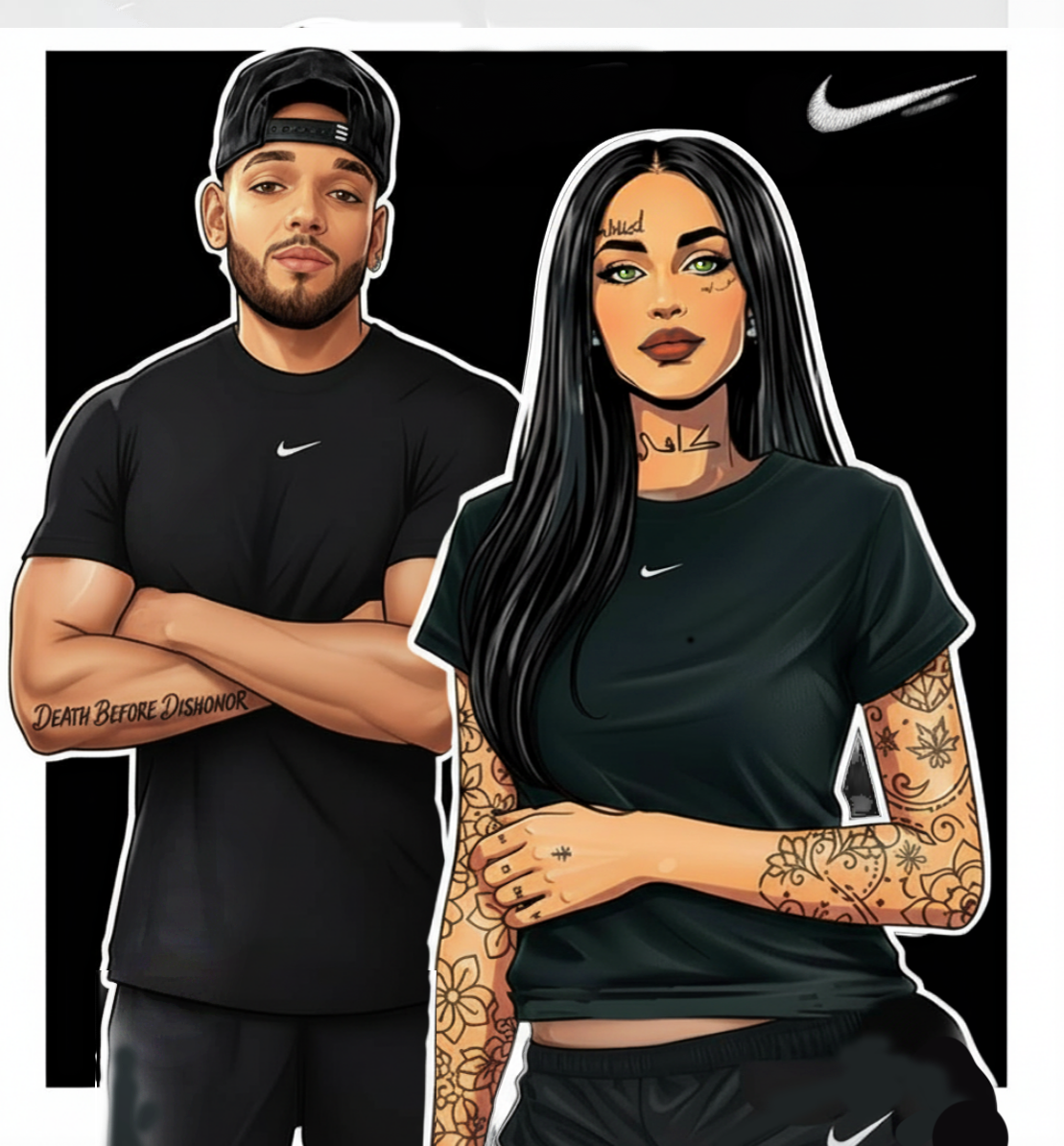 Illustration of a man and woman wearing black Nike shirts with tattoos visible.