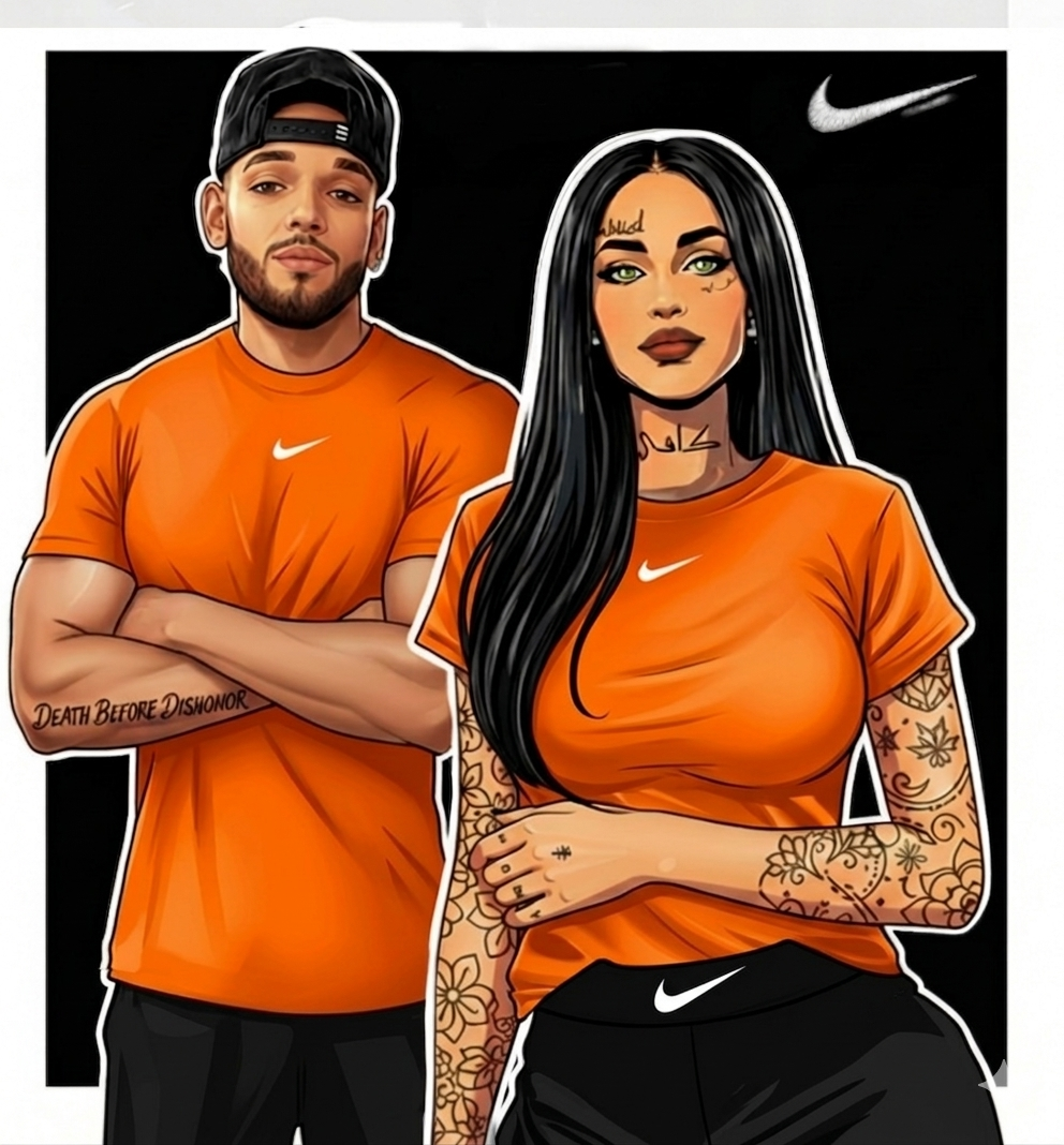 Illustration of a man and woman wearing orange Nike shirts with a black background.