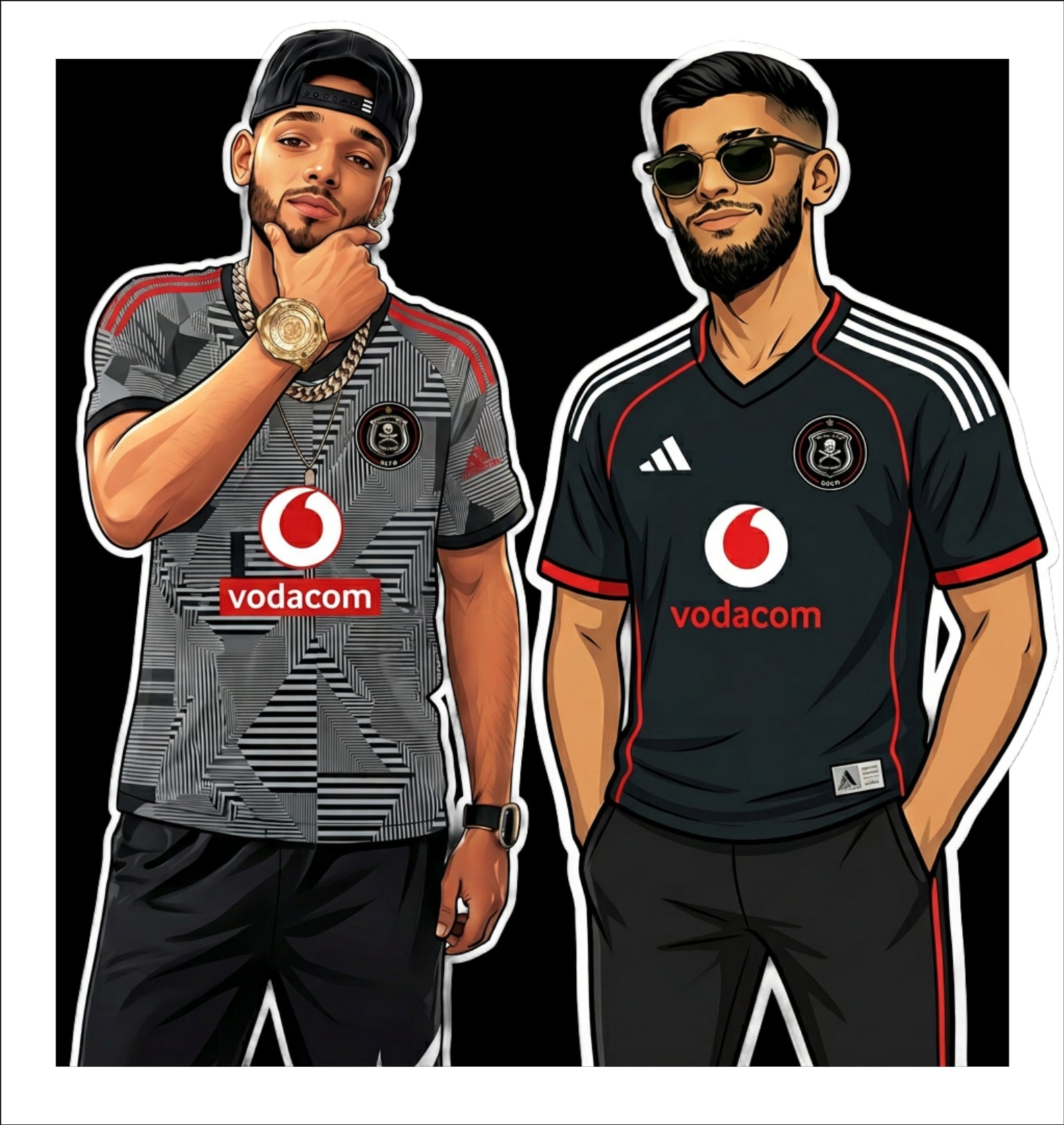 Two men wearing Vodacom sports  Orlando Pirates soccer jerseys on a black background
