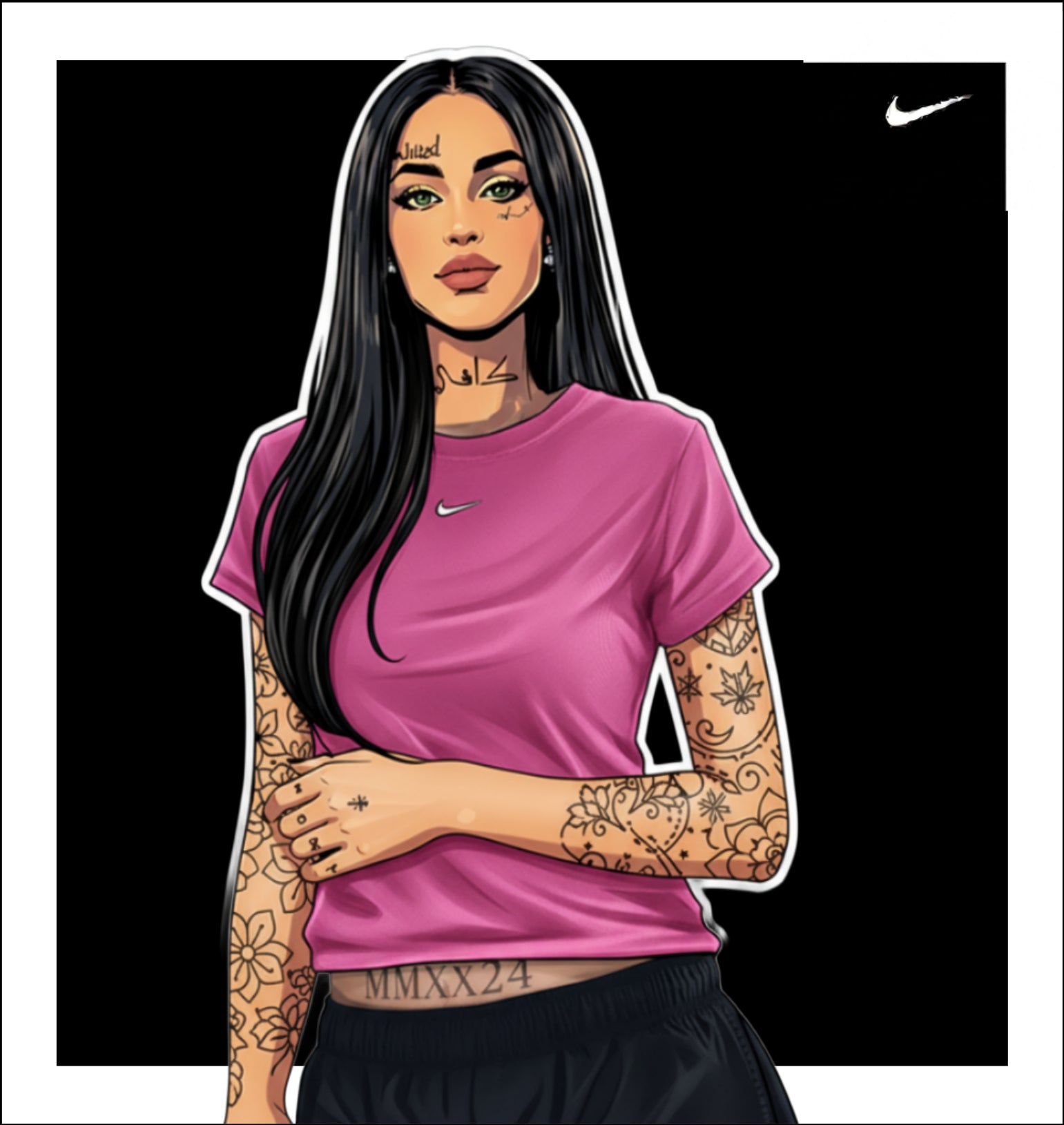 Illustration of a person wearing a pink Nike t-shirt with tattoos on arms and neck.