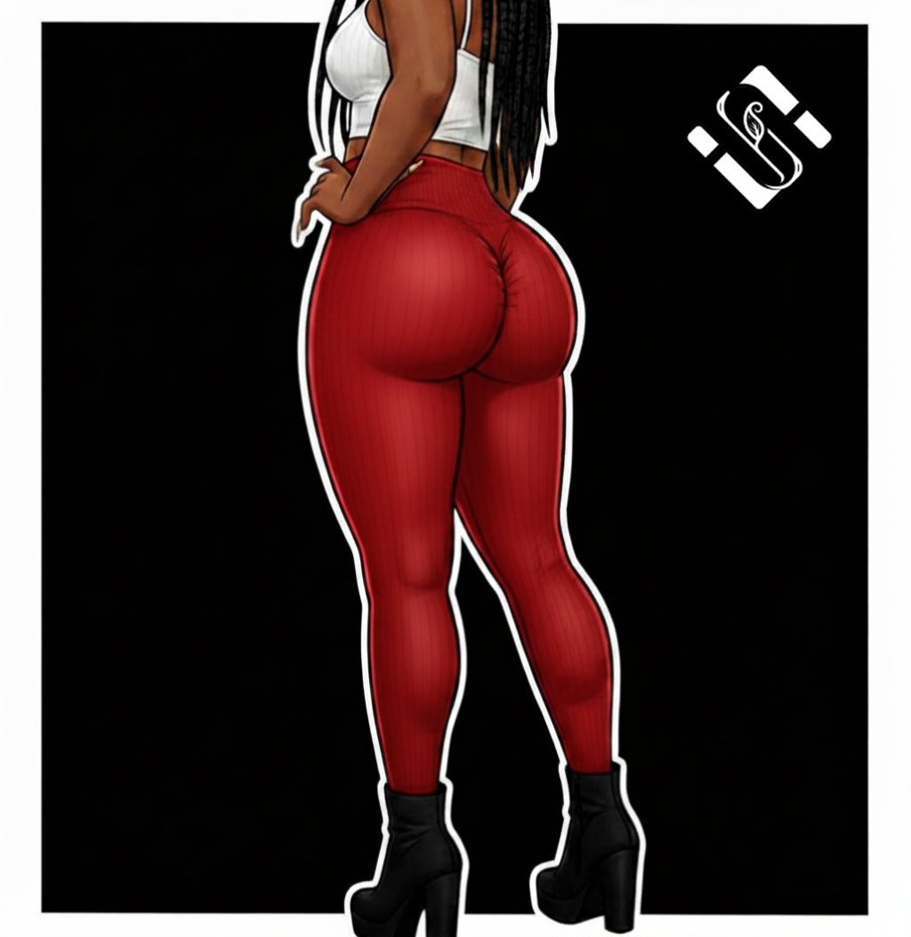 Illustration of a person wearing red leggings and a white top on a black background with a logo in the corner.