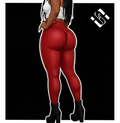 Illustration of a person wearing red leggings and a white top on a black background with a logo in the corner.