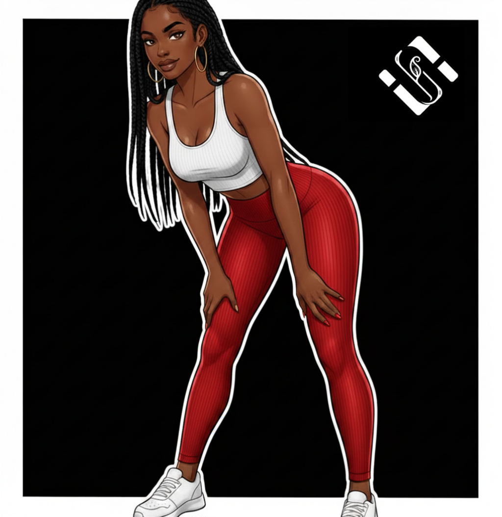 Illustration of a woman in a white sports bra and red leggings with a black background.