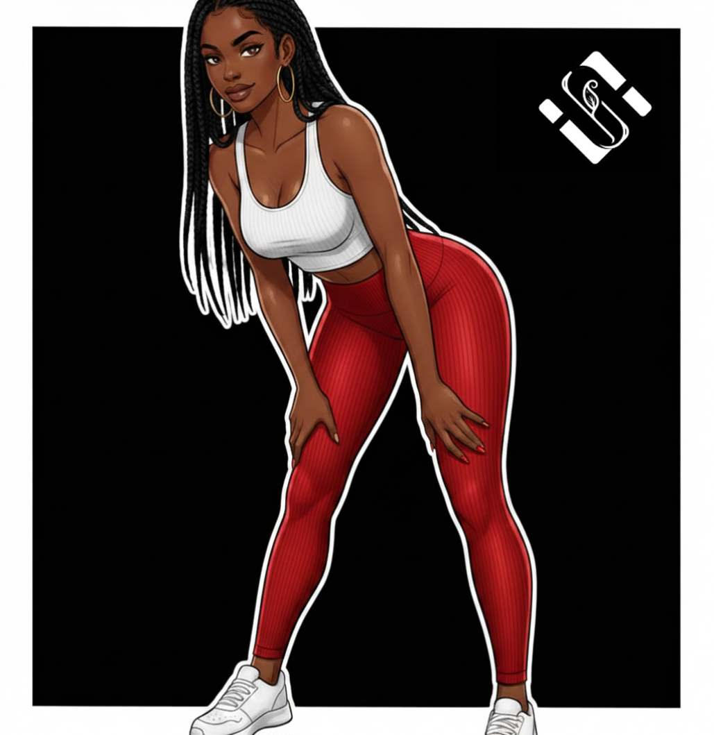 Illustration of a woman in a white sports bra and red leggings with a black background.