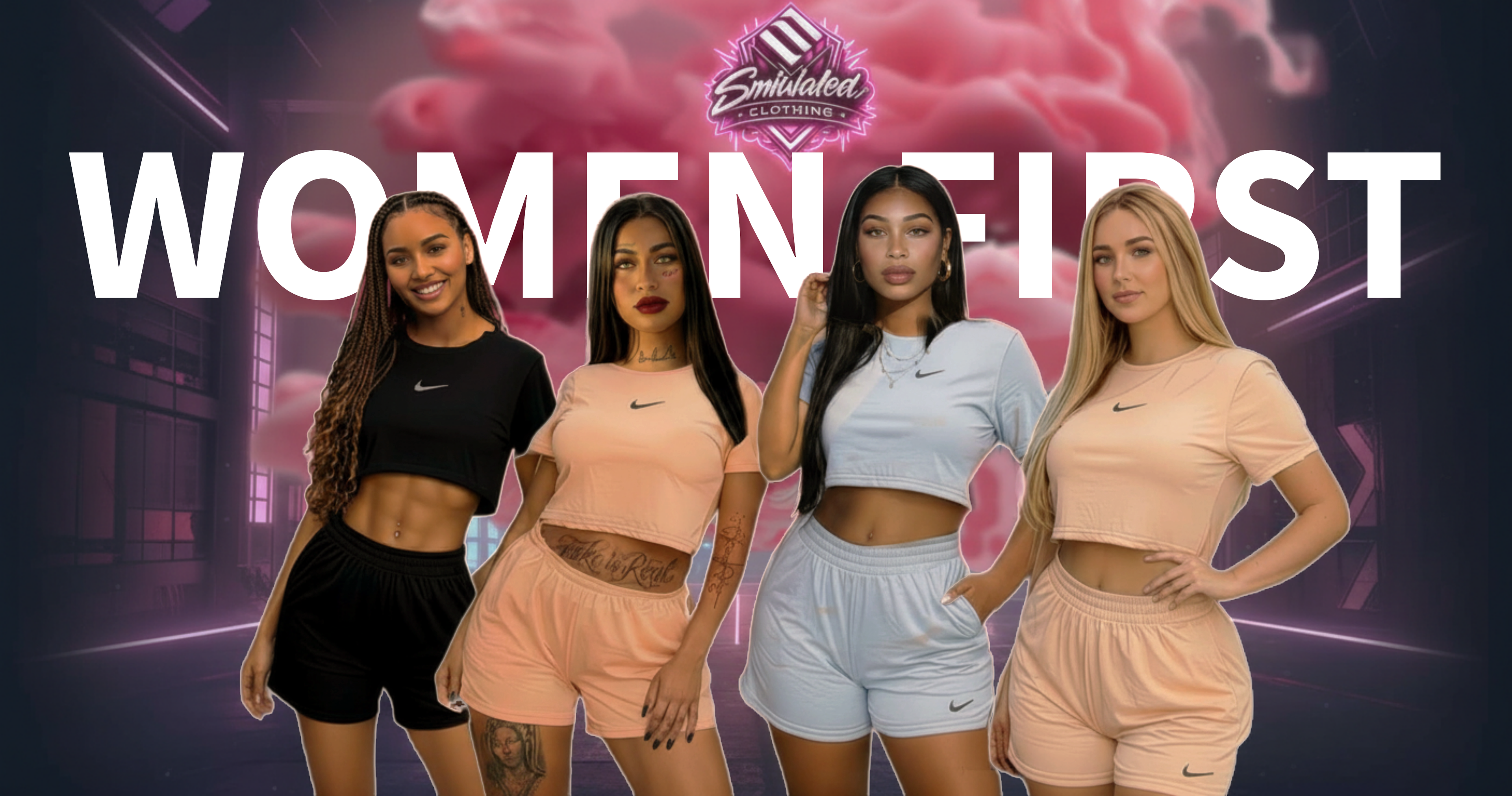 Four women in athletic wear with 'Women First' text and a brand logo on a dark background